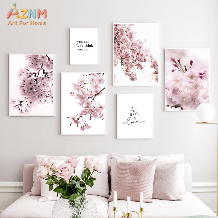 Photography Quotes - AZNM Różowe Kwiaty Wiśni na Płótnie,